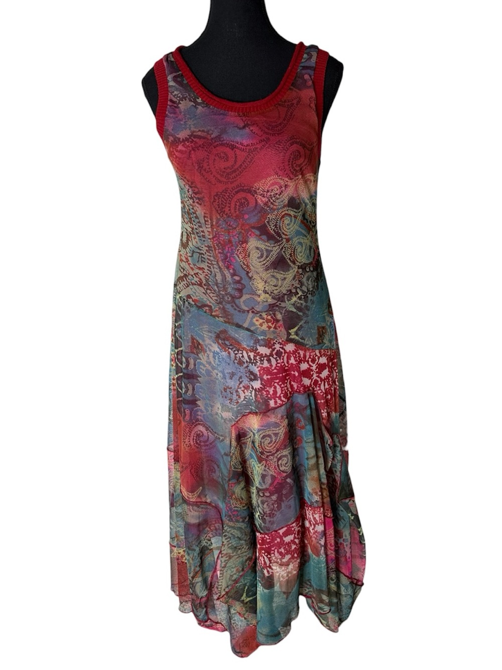Sleeveless Double Layer Tight Mesh Midi Dress Knit Straps Paisley Flowy Medium
